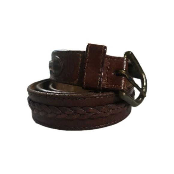 Leather Belt Brass Buckle Braid Inlay, Brown, Size 36 - Picture 3 of 6